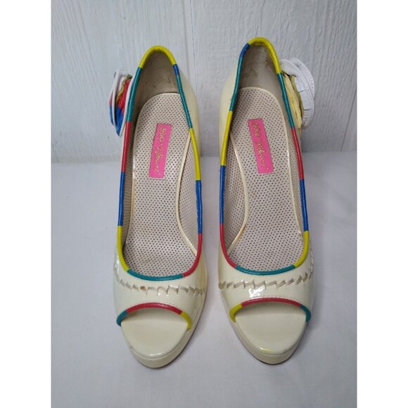 Betsey Johnson Womens 7 M Open Peep Toe High Heels Shoes Ivory Multicolor Floral - Picture 2 of 13